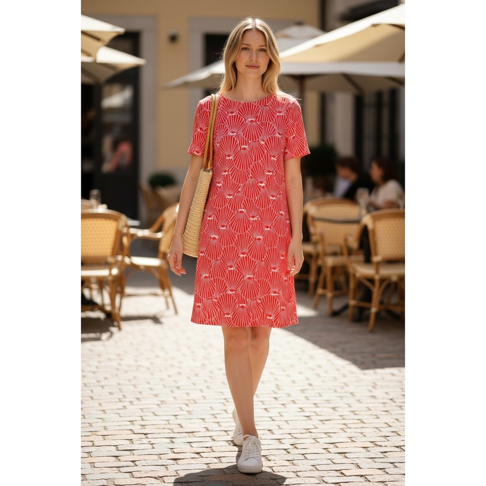 Lemon Way Women's Medium Red White Seashell Print Pima Cotton Knit Shift Dress